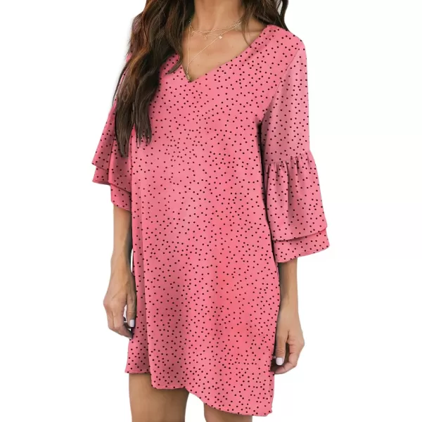 BELONGSCI Womens 2023 Summer Dress Sweet amp Cute VNeck Self Tie 34 Sleeve Casual Shift DressE2 Polka Dot Hot Pink