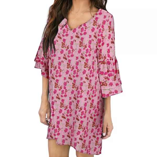 BELONGSCI Womens 2023 Summer Dress Sweet amp Cute VNeck Self Tie 34 Sleeve Casual Shift DressE2hot Pink Floral