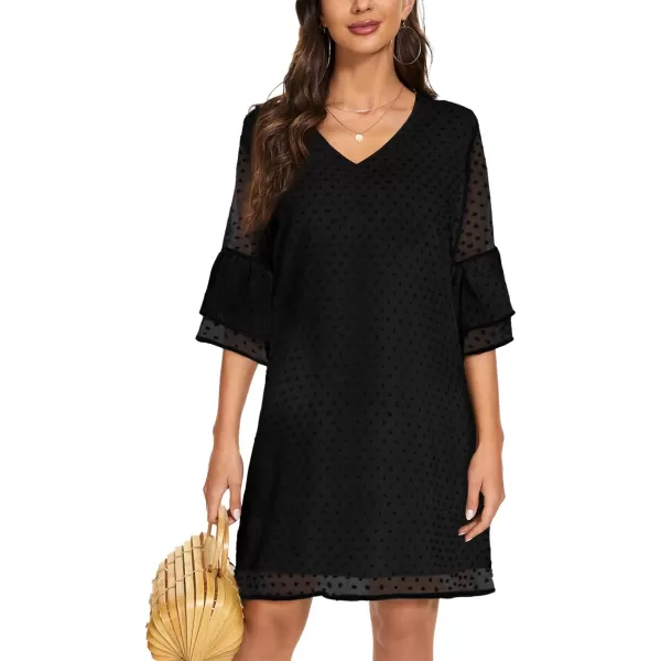 BELONGSCI Womens 2023 Summer Dress Sweet amp Cute VNeck Self Tie 34 Sleeve Casual Shift DressF Black