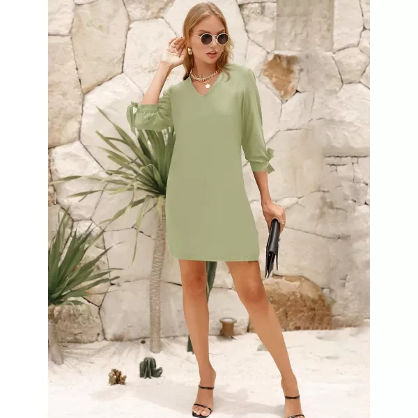 BELONGSCI Womens 2023 Summer Dress Sweet amp Cute VNeck Self Tie 34 Sleeve Casual Shift DressQ2 Army Green