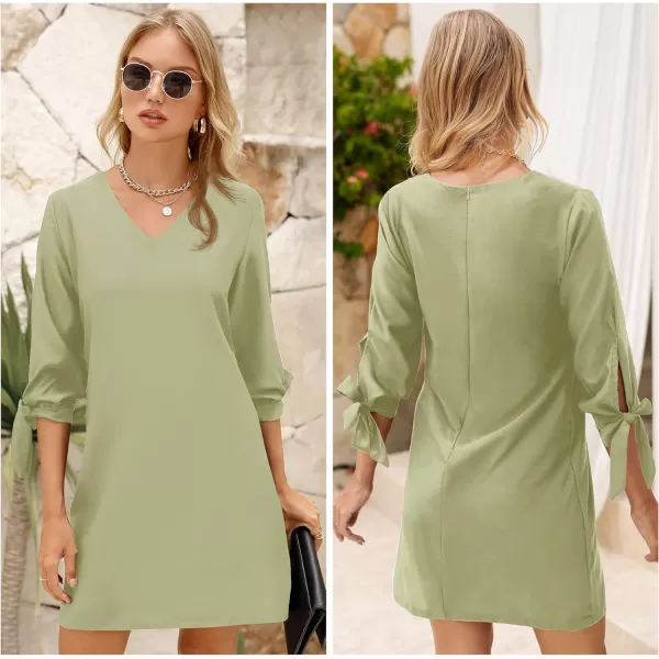 BELONGSCI Womens 2023 Summer Dress Sweet amp Cute VNeck Self Tie 34 Sleeve Casual Shift DressQ2 Army Green