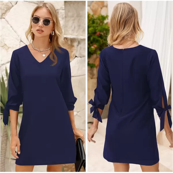 BELONGSCI Womens 2023 Summer Dress Sweet amp Cute VNeck Self Tie 34 Sleeve Casual Shift DressQ2 Dark Blue