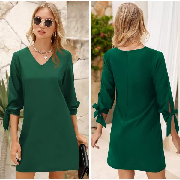 BELONGSCI Womens 2023 Summer Dress Sweet amp Cute VNeck Self Tie 34 Sleeve Casual Shift DressQ2 Dark Green