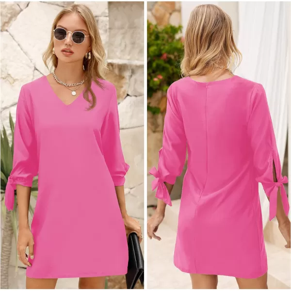 BELONGSCI Womens 2023 Summer Dress Sweet amp Cute VNeck Self Tie 34 Sleeve Casual Shift DressQ2 Pink