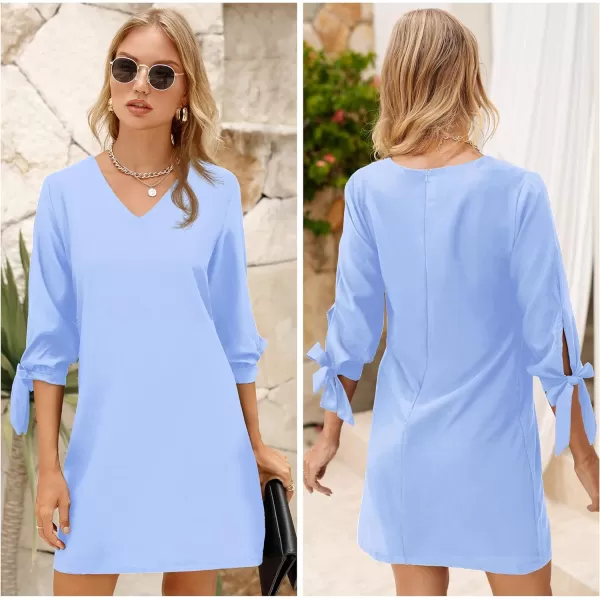 BELONGSCI Womens 2023 Summer Dress Sweet amp Cute VNeck Self Tie 34 Sleeve Casual Shift DressQ2 Sky Blue