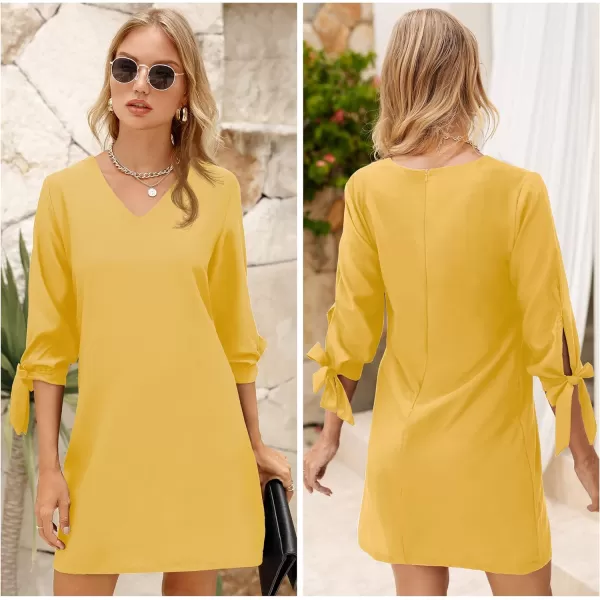 BELONGSCI Womens 2023 Summer Dress Sweet amp Cute VNeck Self Tie 34 Sleeve Casual Shift DressQ2 Yellow