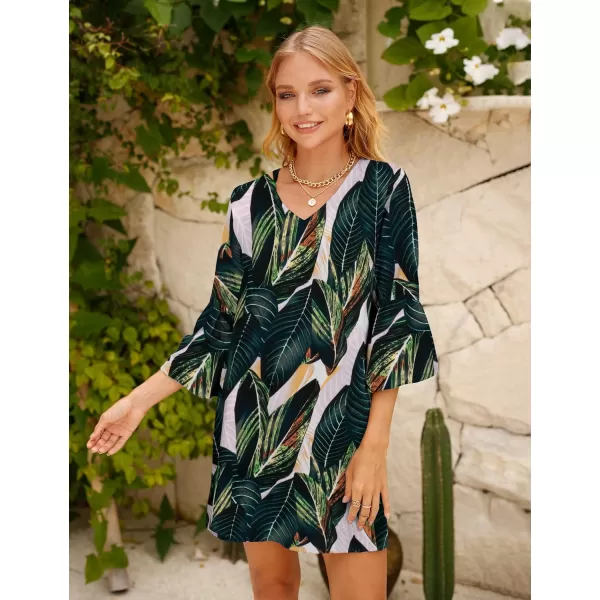 BELONGSCI Womens 2023 Summer Dress Tunic Dress V Neck Casual Loose Flowy Swing Shift DressesS2 Green Multi