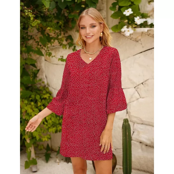 BELONGSCI Womens 2023 Summer Dress Tunic Dress V Neck Casual Loose Flowy Swing Shift DressesS2 Wine Red Polka Dots16