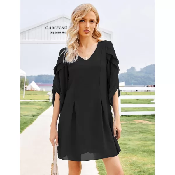 BELONGSCI Womens 2023 Summer Dress Tunic Dress V Neck Casual Loose Flowy Swing Shift DressesU2 Black