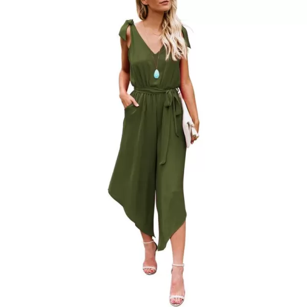 BELONGSCI Women 2023 Summer Jumpsuit Outfit Sleeveless Shoulder VNeck Long Romper Jumpsuits with BeltArmy Green