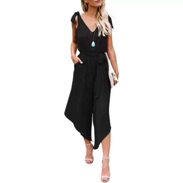 BELONGSCI Women 2023 Summer Jumpsuit Outfit Sleeveless Shoulder VNeck Long Romper Jumpsuits with BeltBlack