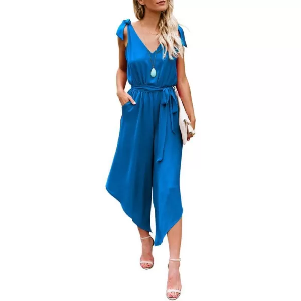 BELONGSCI Women 2023 Summer Jumpsuit Outfit Sleeveless Shoulder VNeck Long Romper Jumpsuits with BeltBlue