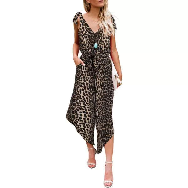 BELONGSCI Women 2023 Summer Jumpsuit Outfit Sleeveless Shoulder VNeck Long Romper Jumpsuits with BeltLeopard Print