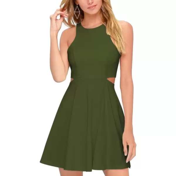 BELONGSCI Women 2023 Sweet and Cute Sleeveless Racerback Flared Swing ALine Waist Hollow Out Summer Short DressArmy Green8812