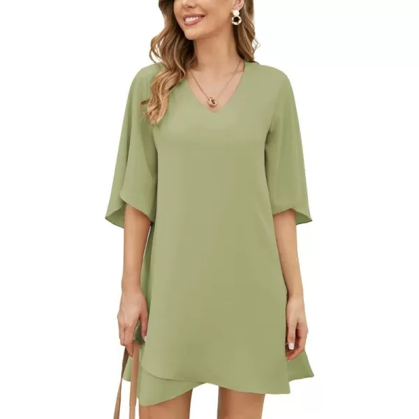 BELONGSCI Womens 2023 Summer Dress Sweet amp Cute VNeck 34 Bell Sleeve Casual Flowy Swing DressArmy Green2114