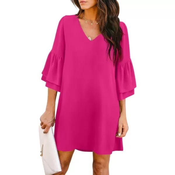 BELONGSCI Womens 2023 Summer Dress Sweet amp Cute VNeck 34 Bell Sleeve Casual Flowy Swing DressB Hot Pink