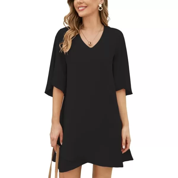 BELONGSCI Womens 2023 Summer Dress Sweet amp Cute VNeck 34 Bell Sleeve Casual Flowy Swing DressBlack2114