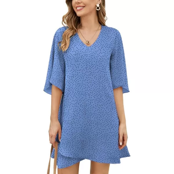 BELONGSCI Womens 2023 Summer Dress Sweet amp Cute VNeck 34 Bell Sleeve Casual Flowy Swing DressF2 Polka Dot Blue