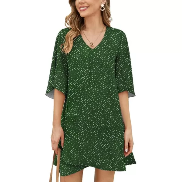 BELONGSCI Womens 2023 Summer Dress Sweet amp Cute VNeck 34 Bell Sleeve Casual Flowy Swing DressF2 Polka Dot Dark Green