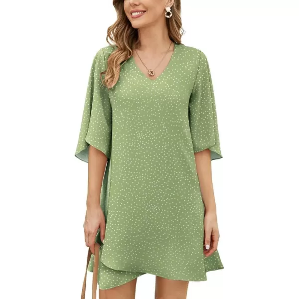 BELONGSCI Womens 2023 Summer Dress Sweet amp Cute VNeck 34 Bell Sleeve Casual Flowy Swing DressF2 Polka Dot Fruit Green