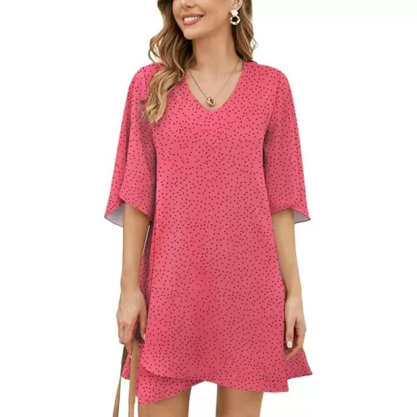 BELONGSCI Womens 2023 Summer Dress Sweet amp Cute VNeck 34 Bell Sleeve Casual Flowy Swing DressF2 Polka Dot Hot Pink