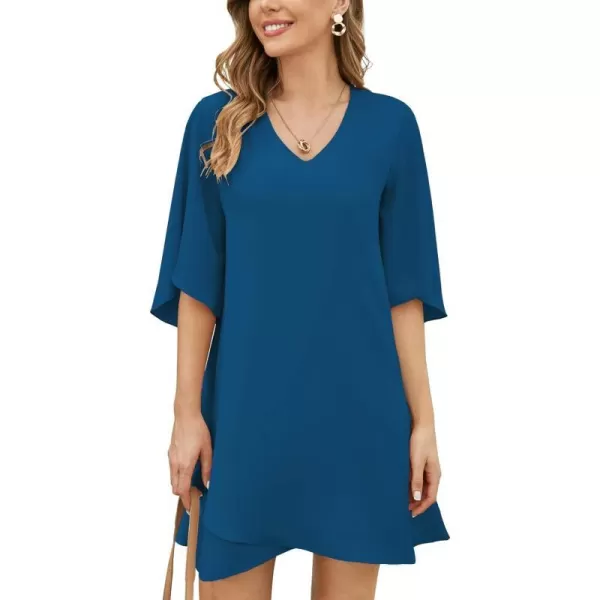 BELONGSCI Womens 2023 Summer Dress Sweet amp Cute VNeck 34 Bell Sleeve Casual Flowy Swing DressF3 Aegean Blue