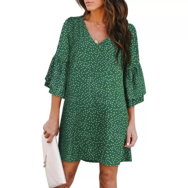 BELONGSCI Womens 2023 Summer Dress Sweet amp Cute VNeck Self Tie 34 Sleeve Casual Shift DressE2 Polka Dot Dark Green