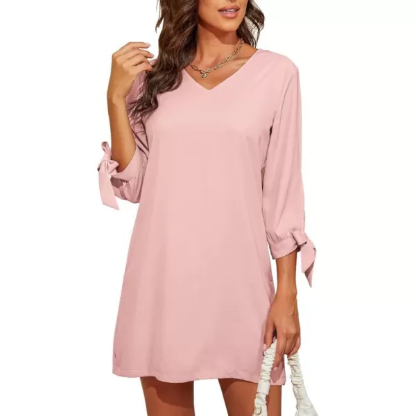 BELONGSCI Womens 2023 Summer Dress Sweet amp Cute VNeck Self Tie 34 Sleeve Casual Shift DressLight Pink2102