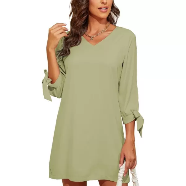 BELONGSCI Womens 2023 Summer Dress Sweet amp Cute VNeck Self Tie 34 Sleeve Casual Shift DressQ2 Army Green