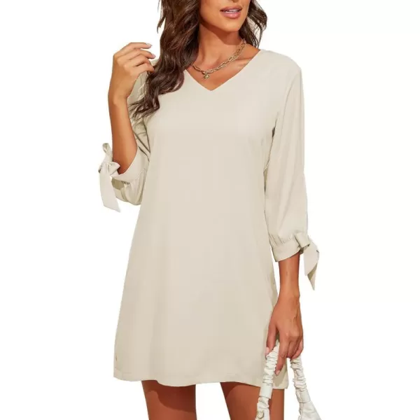 BELONGSCI Womens 2023 Summer Dress Sweet amp Cute VNeck Self Tie 34 Sleeve Casual Shift DressQ2 Beige