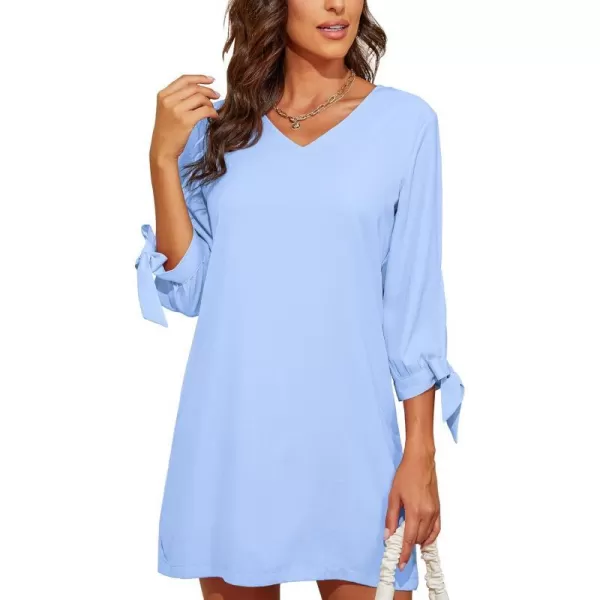 BELONGSCI Womens 2023 Summer Dress Sweet amp Cute VNeck Self Tie 34 Sleeve Casual Shift DressQ2 Sky Blue