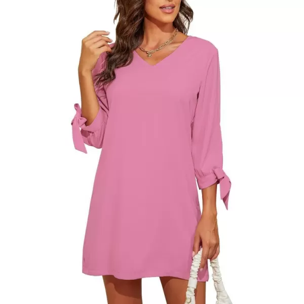 BELONGSCI Womens 2023 Summer Dress Sweet amp Cute VNeck Self Tie 34 Sleeve Casual Shift DressQ2 Soft Berry Pink