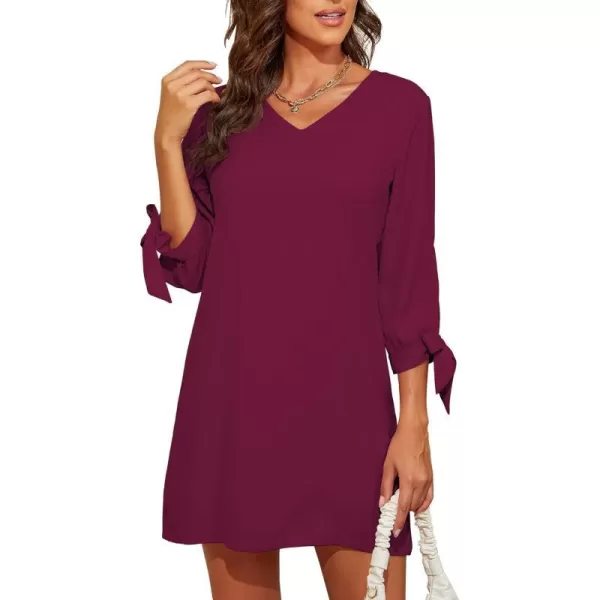 BELONGSCI Womens 2023 Summer Dress Sweet amp Cute VNeck Self Tie 34 Sleeve Casual Shift DressQ2 Wine Red