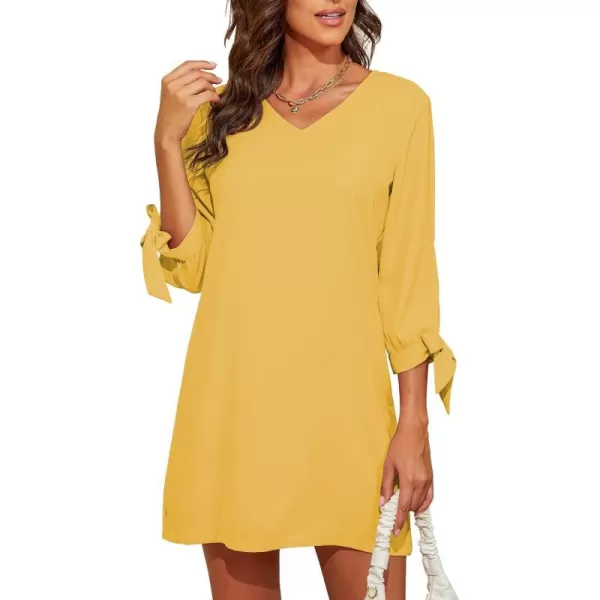 BELONGSCI Womens 2023 Summer Dress Sweet amp Cute VNeck Self Tie 34 Sleeve Casual Shift DressQ2 Yellow