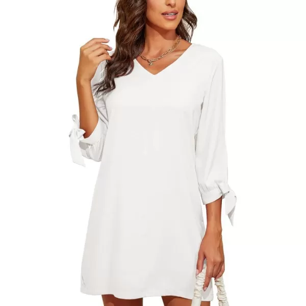 BELONGSCI Womens 2023 Summer Dress Sweet amp Cute VNeck Self Tie 34 Sleeve Casual Shift DressWhite2102