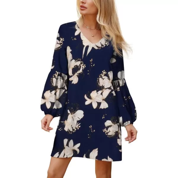 BELONGSCI Womens 2023 Summer Dress Tunic Dress V Neck Casual Loose Flowy Swing Shift DressesS2 Blue Floral