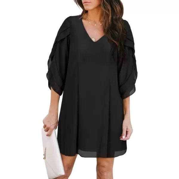 BELONGSCI Womens 2023 Summer Dress Tunic Dress V Neck Casual Loose Flowy Swing Shift DressesU2 Black