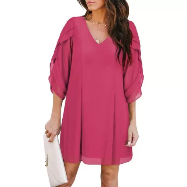 BELONGSCI Womens 2023 Summer Dress Tunic Dress V Neck Casual Loose Flowy Swing Shift DressesU2 Hot Pink