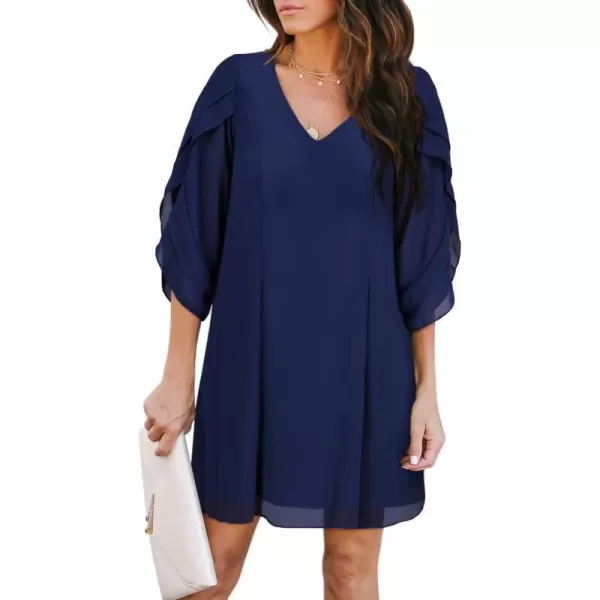 BELONGSCI Womens 2023 Summer Dress Tunic Dress V Neck Casual Loose Flowy Swing Shift DressesU2 Navy Blue