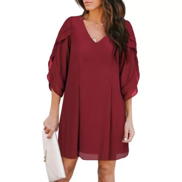 BELONGSCI Womens 2023 Summer Dress Tunic Dress V Neck Casual Loose Flowy Swing Shift DressesU2 Wine Red