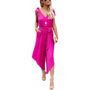 imageBELONGSCI Women 2024 Summer Jumpsuit Outfit Sleeveless Shoulder VNeck Long Romper Jumpsuits with Belt