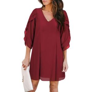 imageBELONGSCI Women Loose Chiffon Dress VNeck Split Sleeve Casual Shift Dress Elegant Evening Dress for Cocktail Party