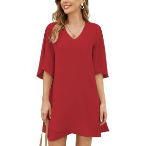 imageBELONGSCI Womens 2024 Summer Dress Sweet ampamp Cute VNeck 34 Bell Sleeve Casual Flowy Swing DressF3 Red