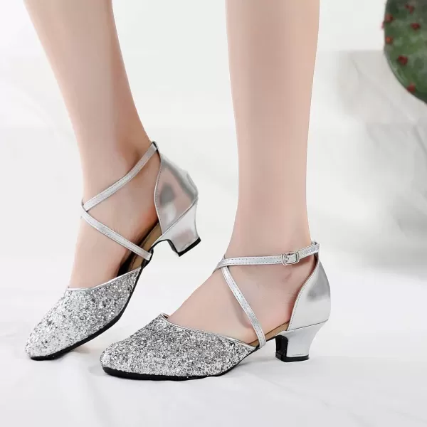 JUODVMP Closed Toe Ballroom Dance Shoes Low Heel Character Shoes Dancing Pump For Women and GirlsDY11535cm Silverrubber Soledy115