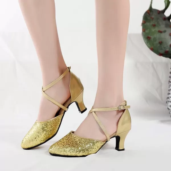 JUODVMP Closed Toe Ballroom Dance Shoes Low Heel Character Shoes Dancing Pump For Women and GirlsDY11555cm Goldrubber Soledy115