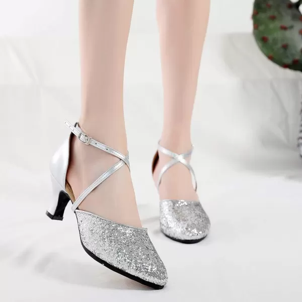 JUODVMP Closed Toe Ballroom Dance Shoes Low Heel Character Shoes Dancing Pump For Women and GirlsDY11555cm Silversuede Soledy115