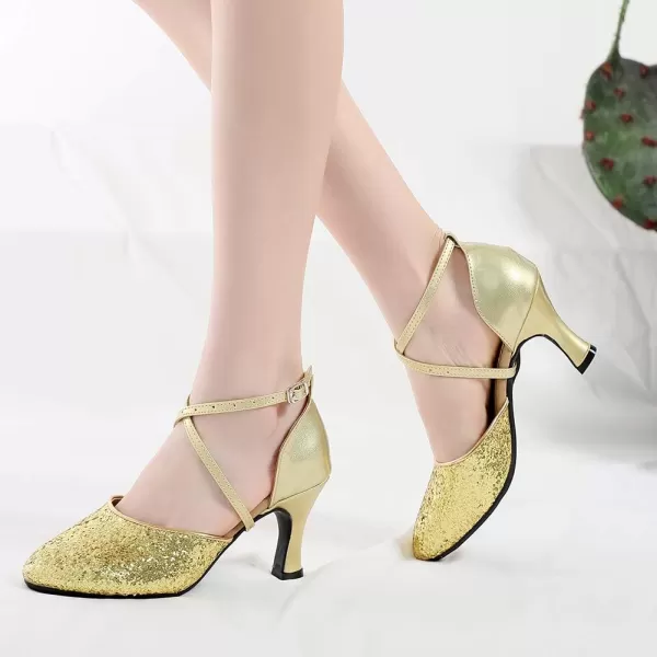 JUODVMP Closed Toe Ballroom Dance Shoes Low Heel Character Shoes Dancing Pump For Women and GirlsDY1157cm Goldrubber Soledy115