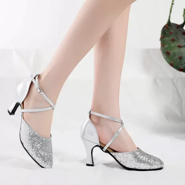 JUODVMP Closed Toe Ballroom Dance Shoes Low Heel Character Shoes Dancing Pump For Women and GirlsDY1157cm Silverrubber Soledy115