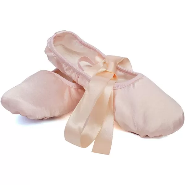 JUODVMP Girls Ballet Dance Shoes Satin Slippers Gymnastics Flats Split Sole with RibbonModel TJBLDMChampagne