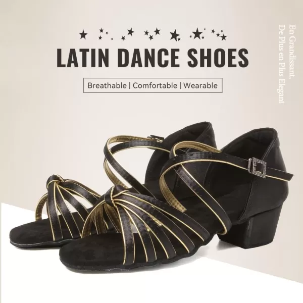 JUODVMP Girls Latin Dance Shoes Satin Ballroom Tango Salsa Practice Party Ballroom Dance ShoesModel USSSZSBlackgold20311 Heel